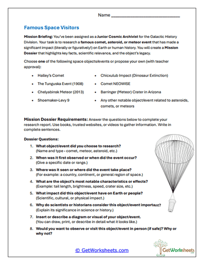Famous Space Visitors Worksheet