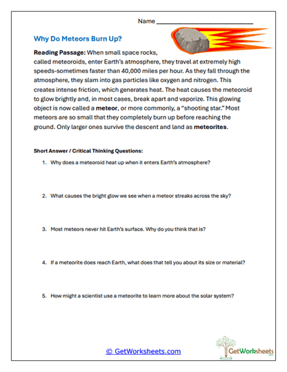 Why Do Meteors Burn Up? Worksheet