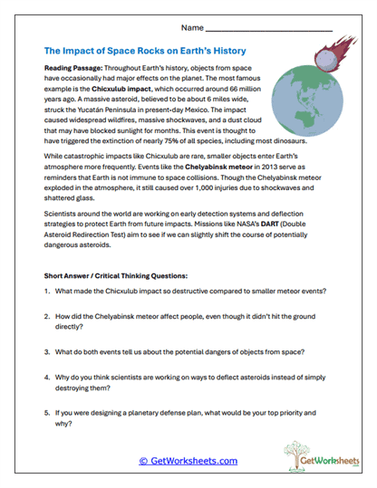 The Impact of Space Rocks Worksheet