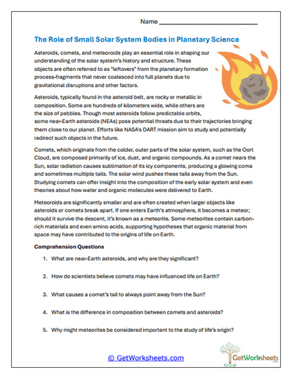 Role of Small Solar System Bodies Worksheet