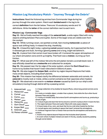 Journey Through the Debris Worksheet