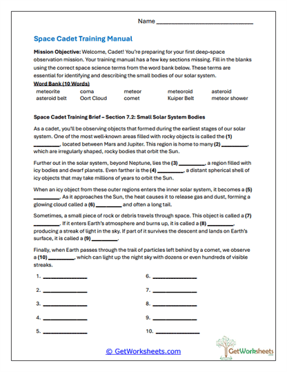 Space Cadet Training Manual Worksheet