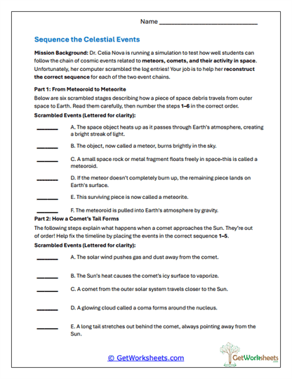 Celestial Events Worksheet