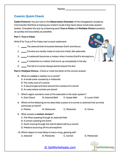 Cosmic Quick Check Worksheet