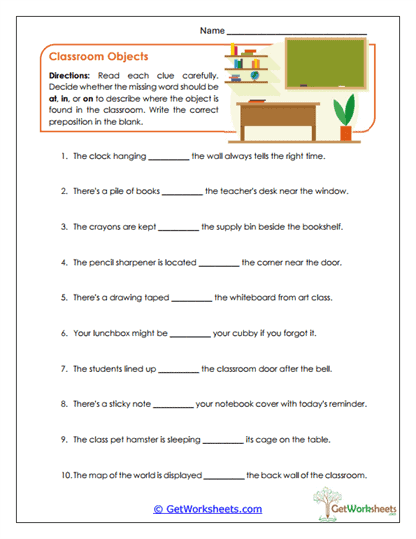 At vs. In vs. On Worksheets