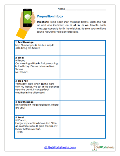 Preposition Inbox Worksheet