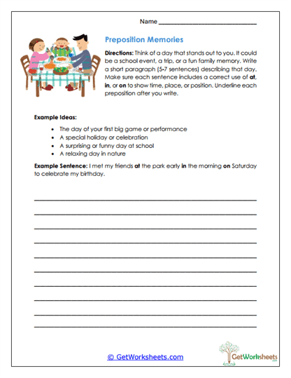 Preposition Memories Worksheet