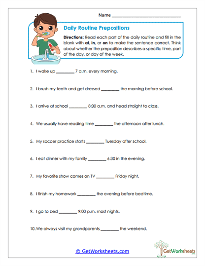 Daily Routine Prepositions Worksheet