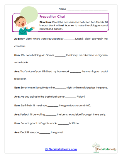 Preposition Chat Worksheet