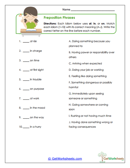 Preposition Phrases Worksheet