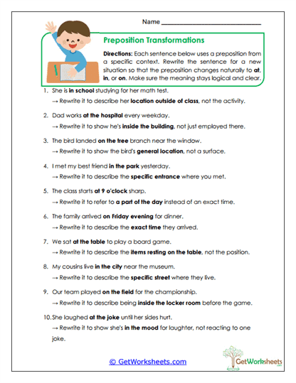 Preposition Transformations Worksheet