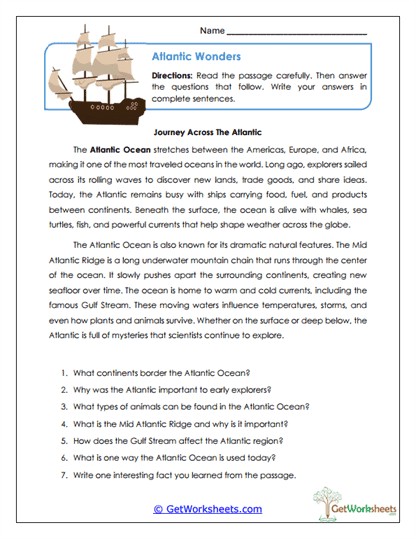 Atlantic Wonders Reading Worksheet
