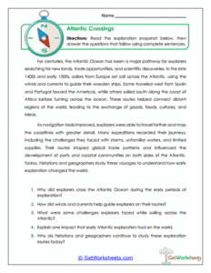 Atlantic Crossings Reading Worksheet - Exploration & Trade