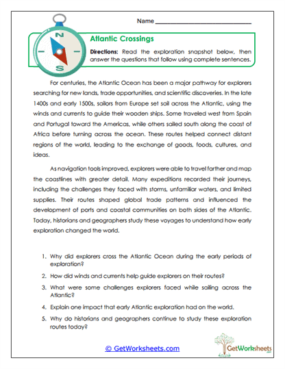 Atlantic Crossings Reading Worksheet