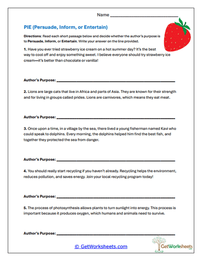 PIE Author's Purpose Worksheet