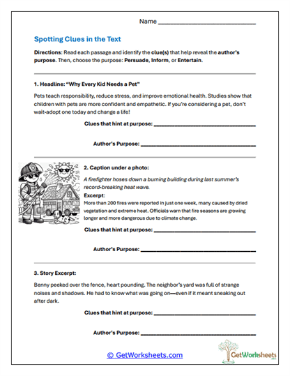 Spotting Purpose Clues Worksheet