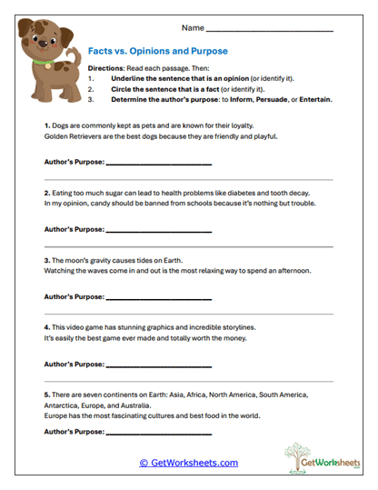 Facts, Opinions, and Purpose Worksheet