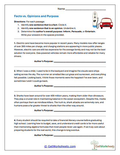 Purpose with Facts and Opinions Worksheet