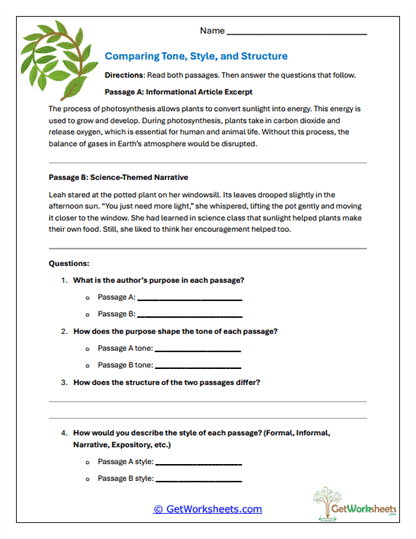 Comparing Tone and Style Worksheet