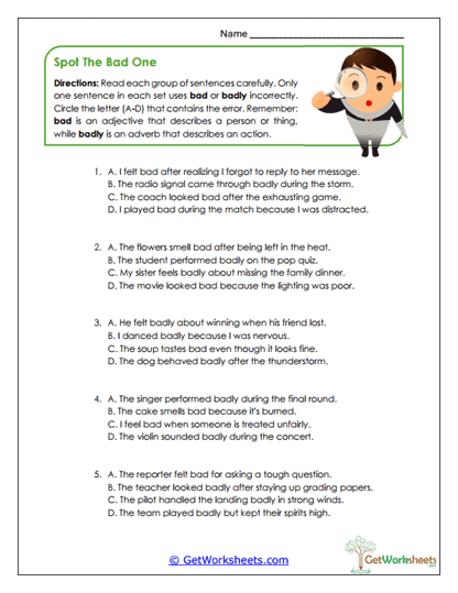 Bad vs. Badly Worksheets