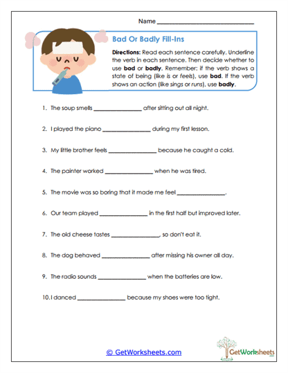 Bad or Badly Fill-Ins Worksheet