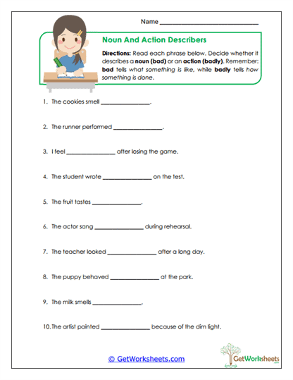 Noun and Action Describers Worksheet