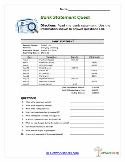 Bank Statement Quest Worksheet
