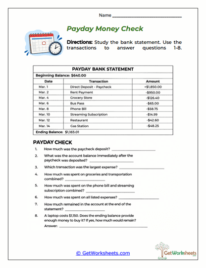 Payday Spending Review Worksheet