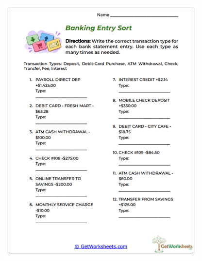 Banking Entry Sort Worksheet