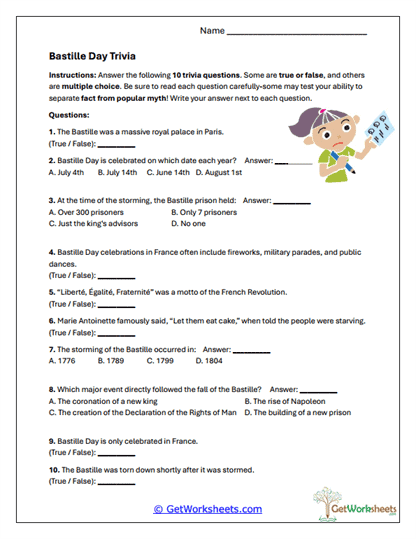 Bastille Day Trivia Worksheet