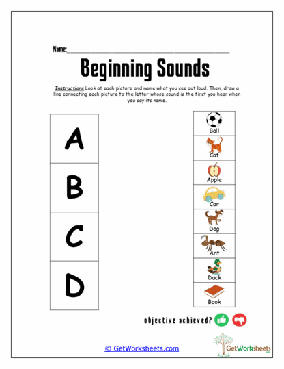 Beginning Sounds A-D Worksheet