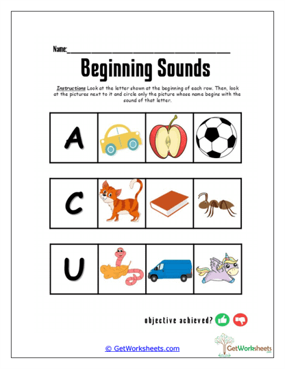 Starts With A, C, U Worksheet