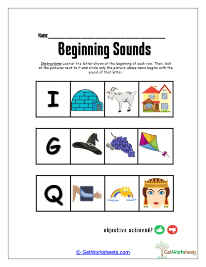 Starts With I, G, Q Worksheet