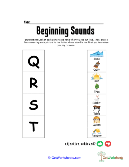 Beginning Sounds Q-T Worksheet