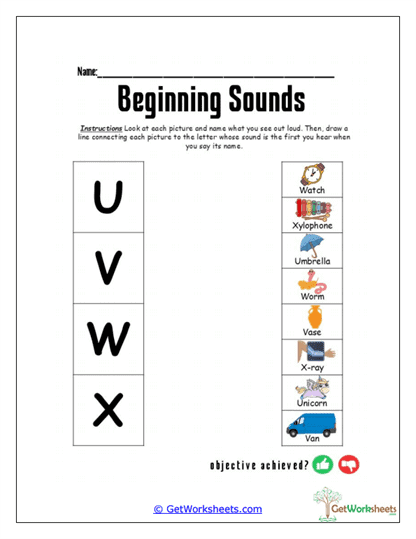 Beginning Sounds U-X Worksheet