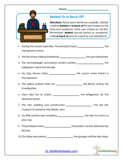 Behind or In Back Of? Worksheet