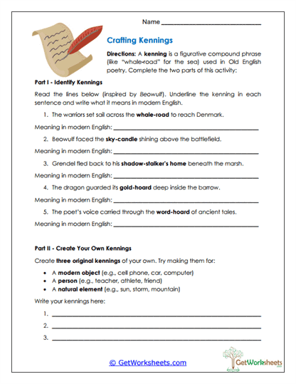 Crafting Kennings Worksheet