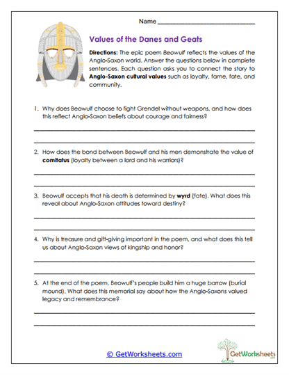 Values of the Danes and Geats Worksheet
