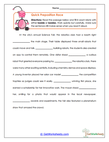 Quick Preposition Race Worksheet