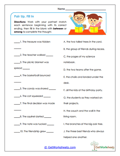 Pair Up, Fill In Worksheet