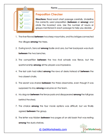 Preposition Checker Worksheet