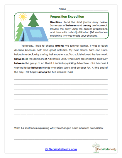 Preposition Expedition Worksheet