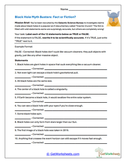 Black Hole Myth Busters Worksheet