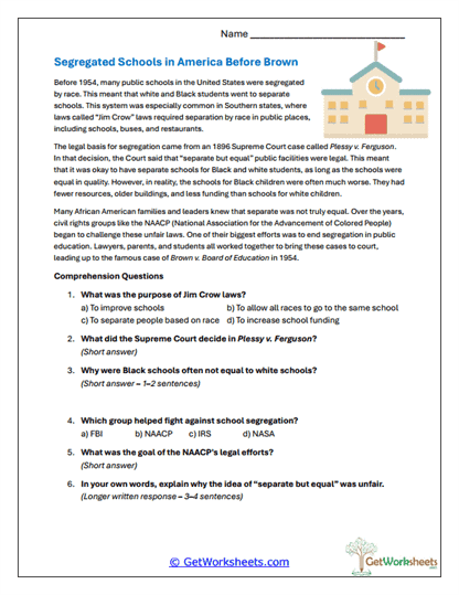 Brown v. Board of Education Worksheets