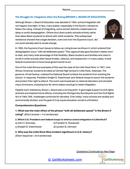 The Struggle for Integration Worksheet