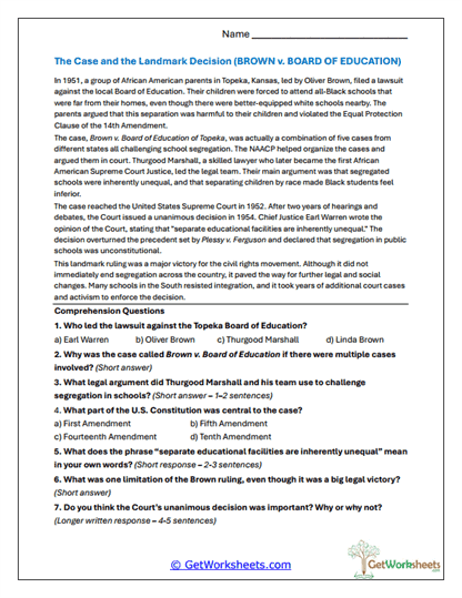 Brown v. Board Case Study Worksheet