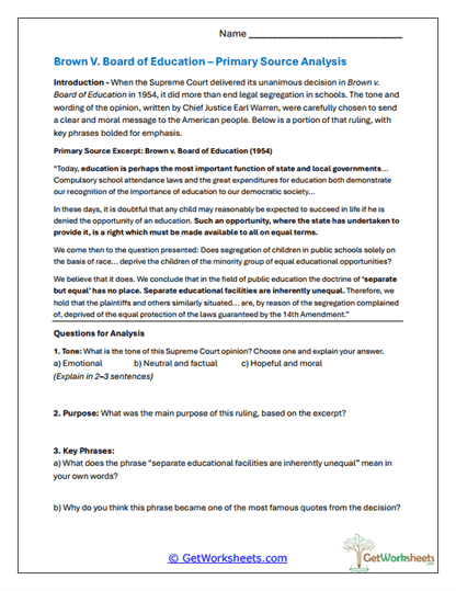 Primary Source Analysis - Brown Decision Worksheet