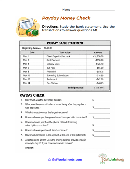 Payday Spending Snapshot Worksheet