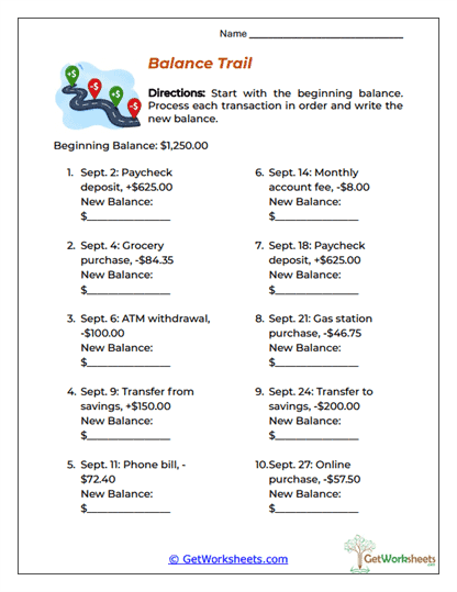 Running Balance Story Problems Worksheet