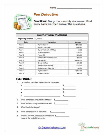 Banking Fee Breakdown Worksheet